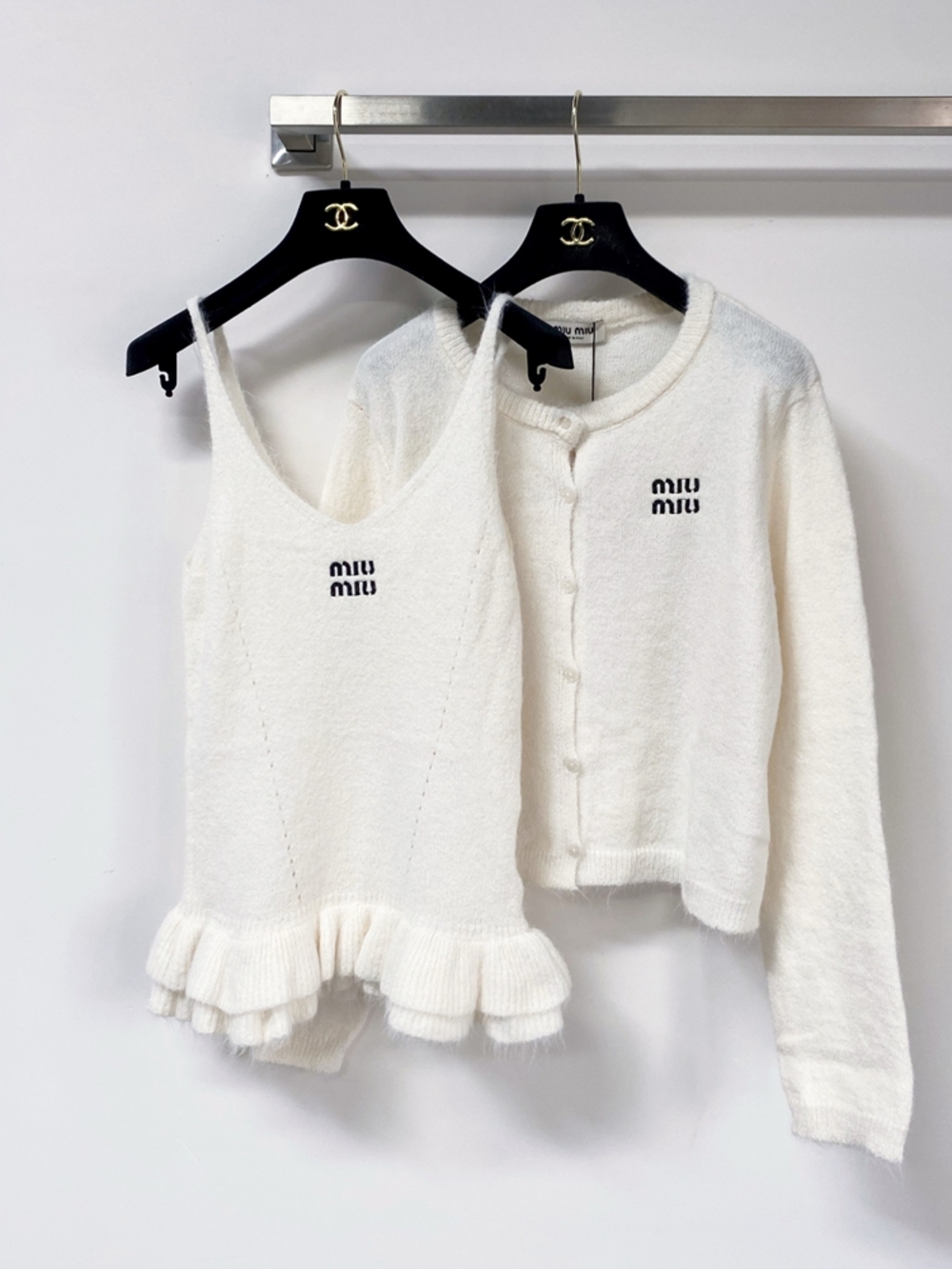 Miu Miu Knit Two‑Piece Set White Cardigan & Ruffle Camisole Tank Top